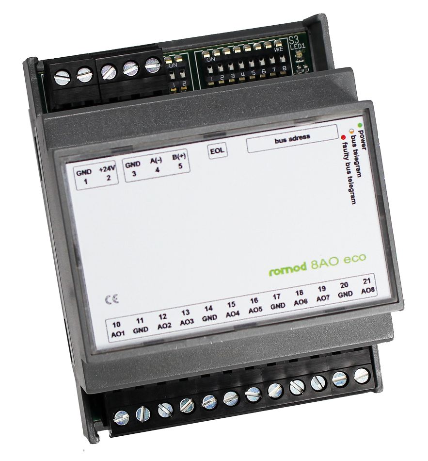 ROMOD-8AO-ECO Module Modbus à 8 sorties analogiques 0-10V, sans commande manuelle