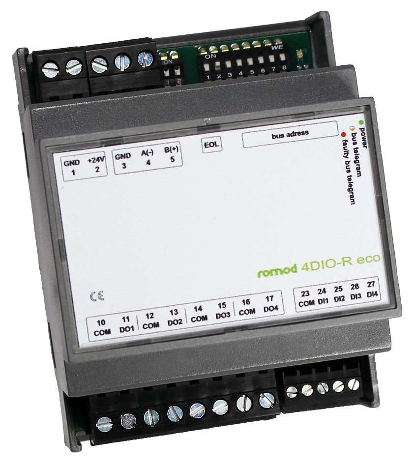 ROMOD-4DIO-R-ECO Module Modbus à 4 entrées digitales et 4 sorties relais, sans commande manuelle